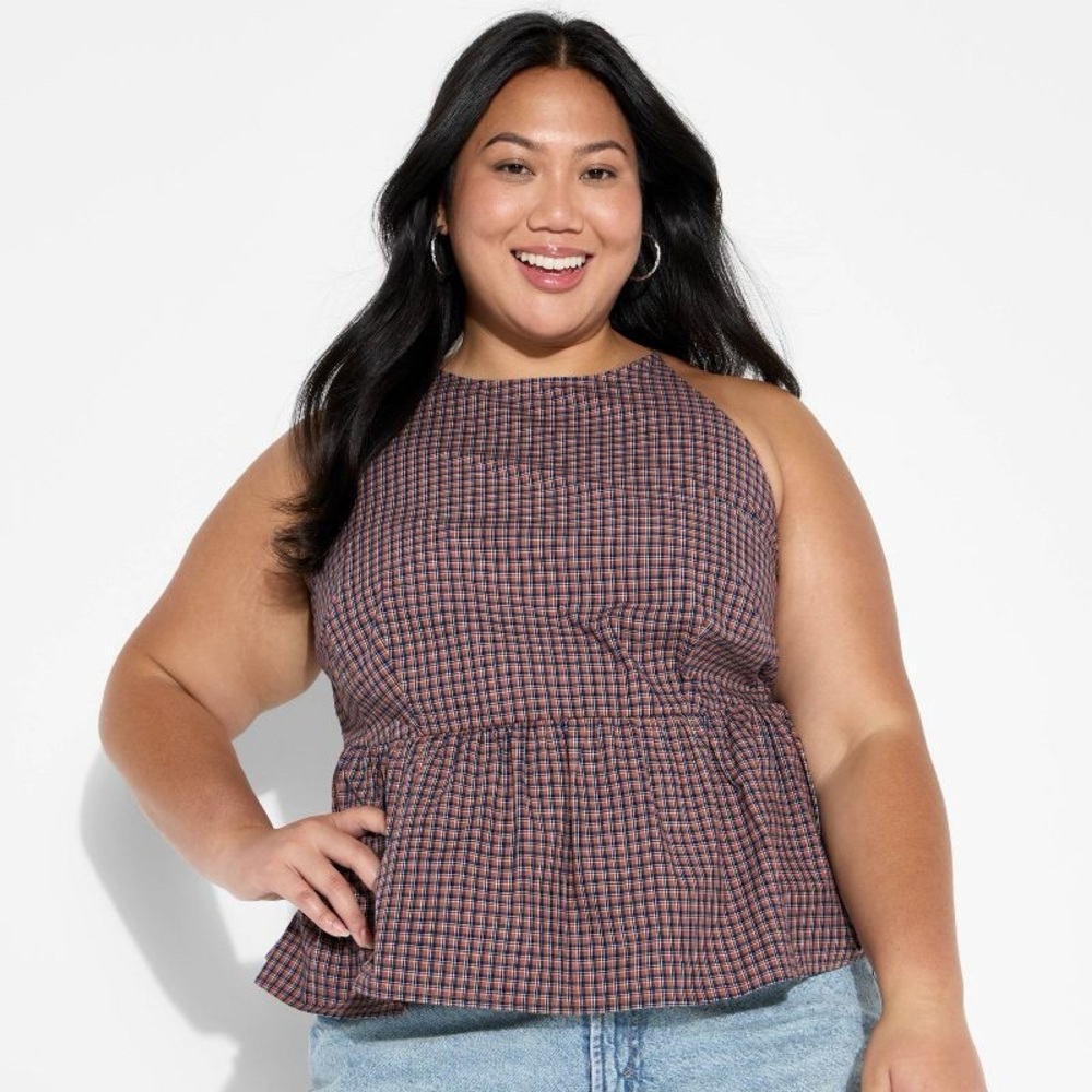 Wild Fable High Neck Babydoll Halter 100% Cotton Top Brown Plaid Size Small